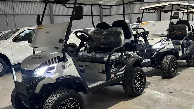 Carrito de golf policial equipado para vigilancia en zonas peatonales